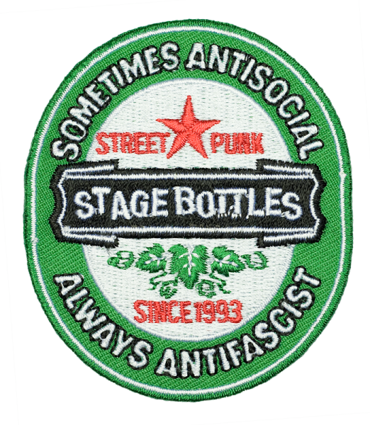 gestickter Aufnäher konturgeschnitten mit Bügelfolie Stage Bottles - sometimes antisocial, always antifascist